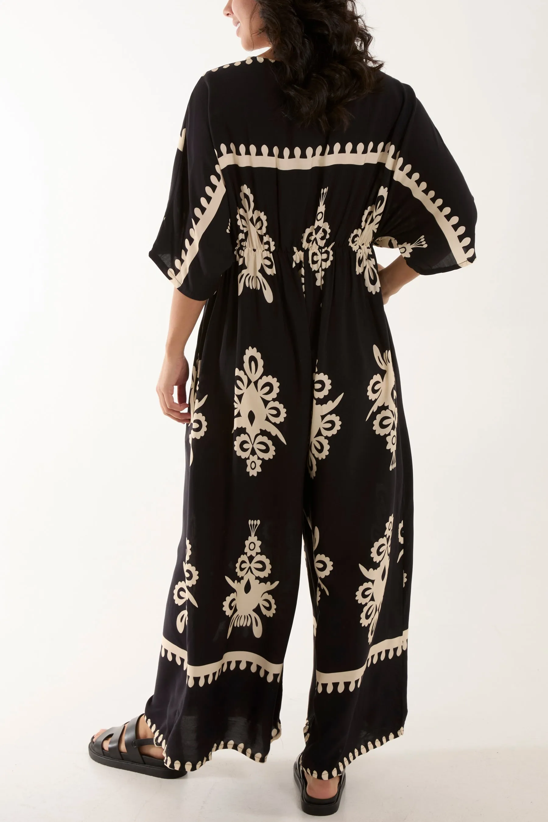 Printed V-Neck Wide Leg Jumpsuit