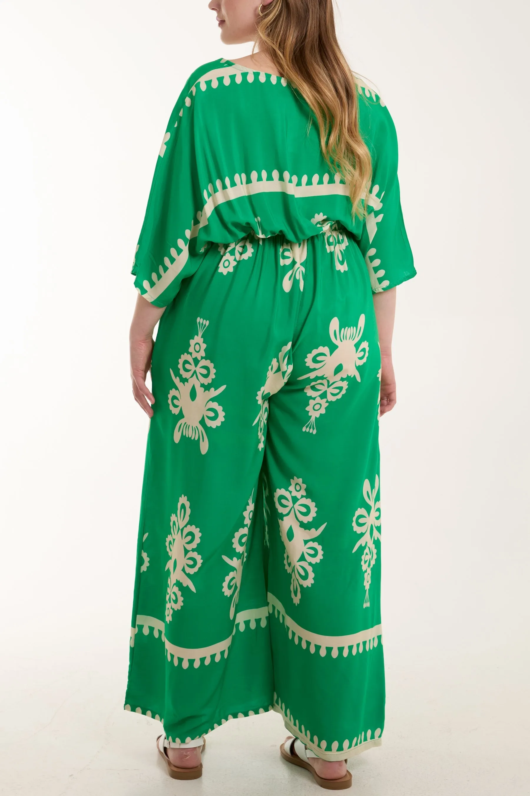 Printed V-Neck Wide Leg Jumpsuit