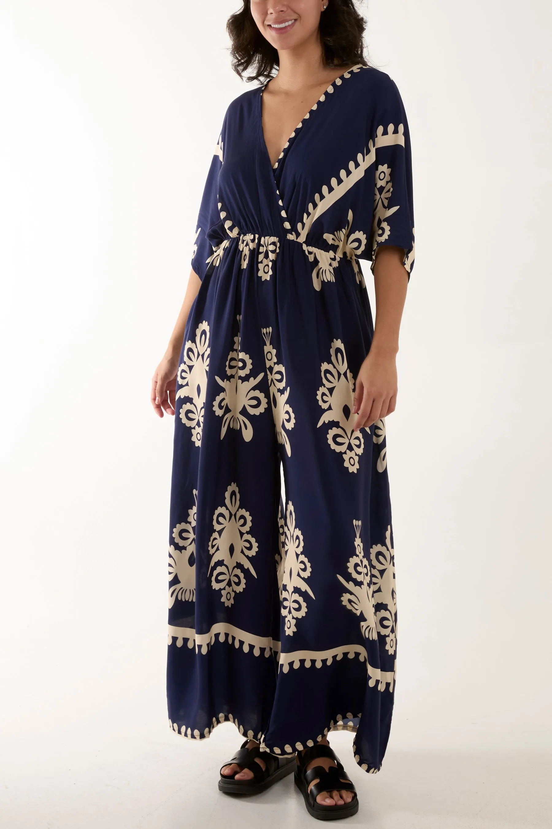 Printed V-Neck Wide Leg Jumpsuit