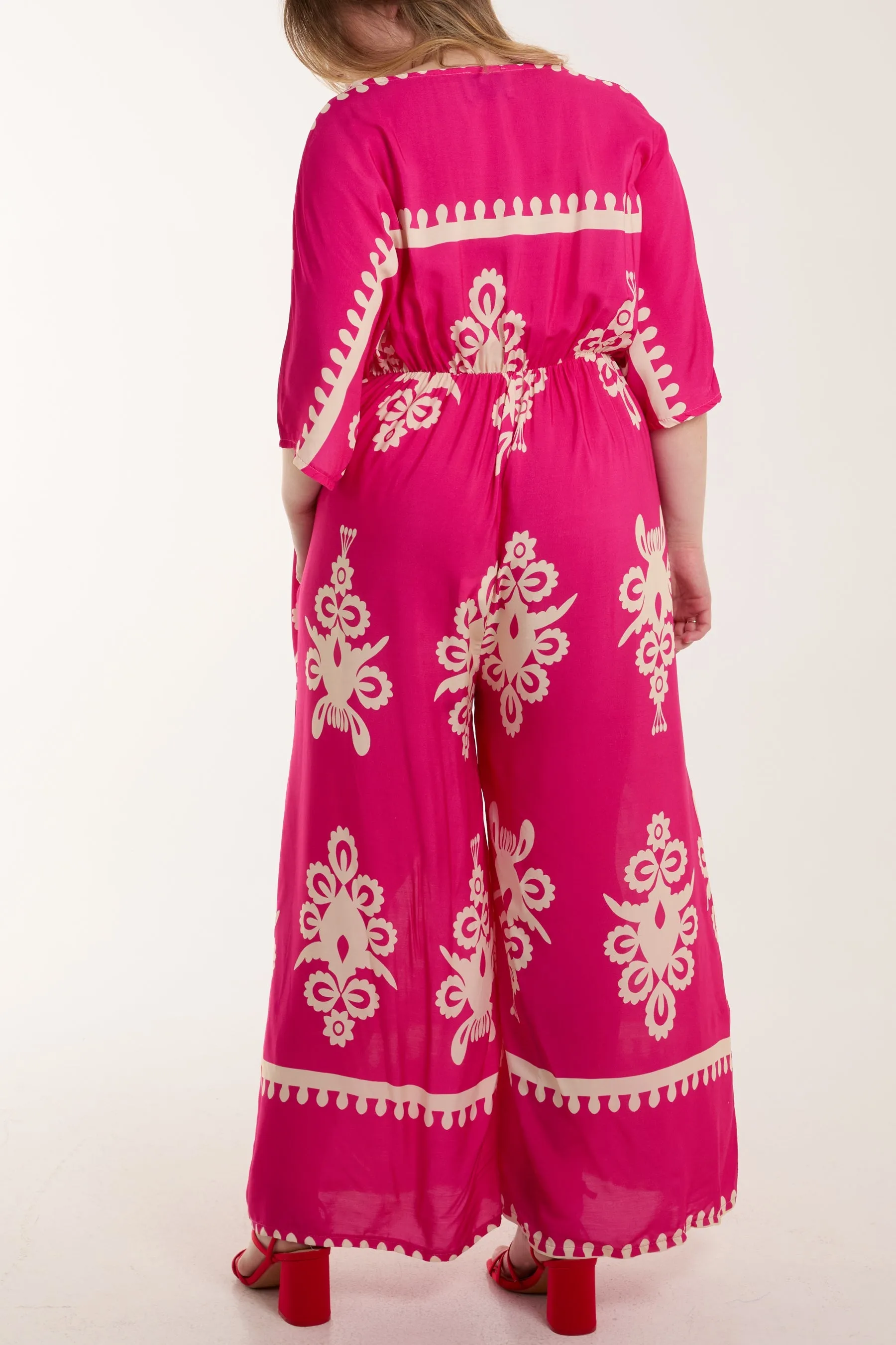 Printed V-Neck Wide Leg Jumpsuit