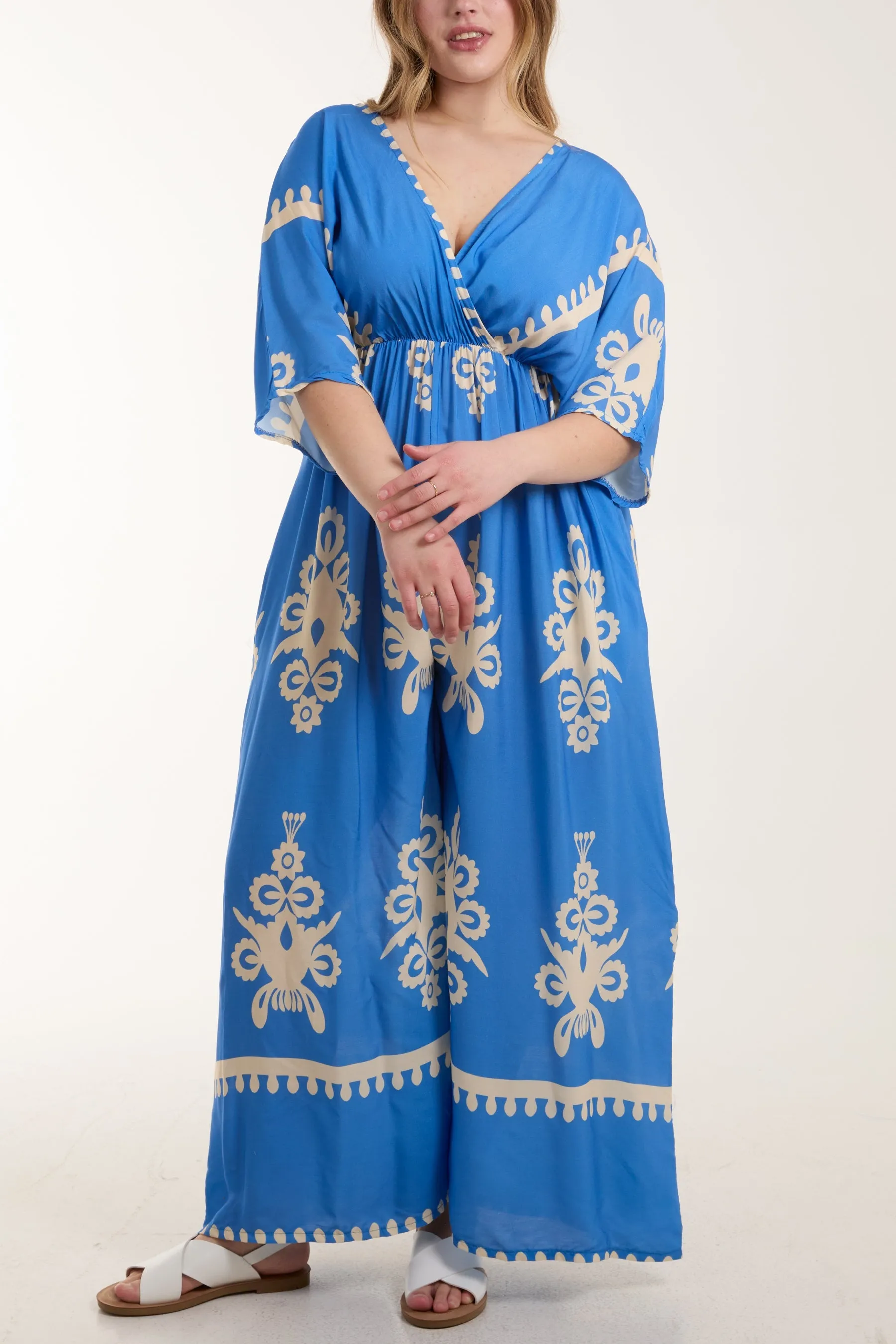 Printed V-Neck Wide Leg Jumpsuit