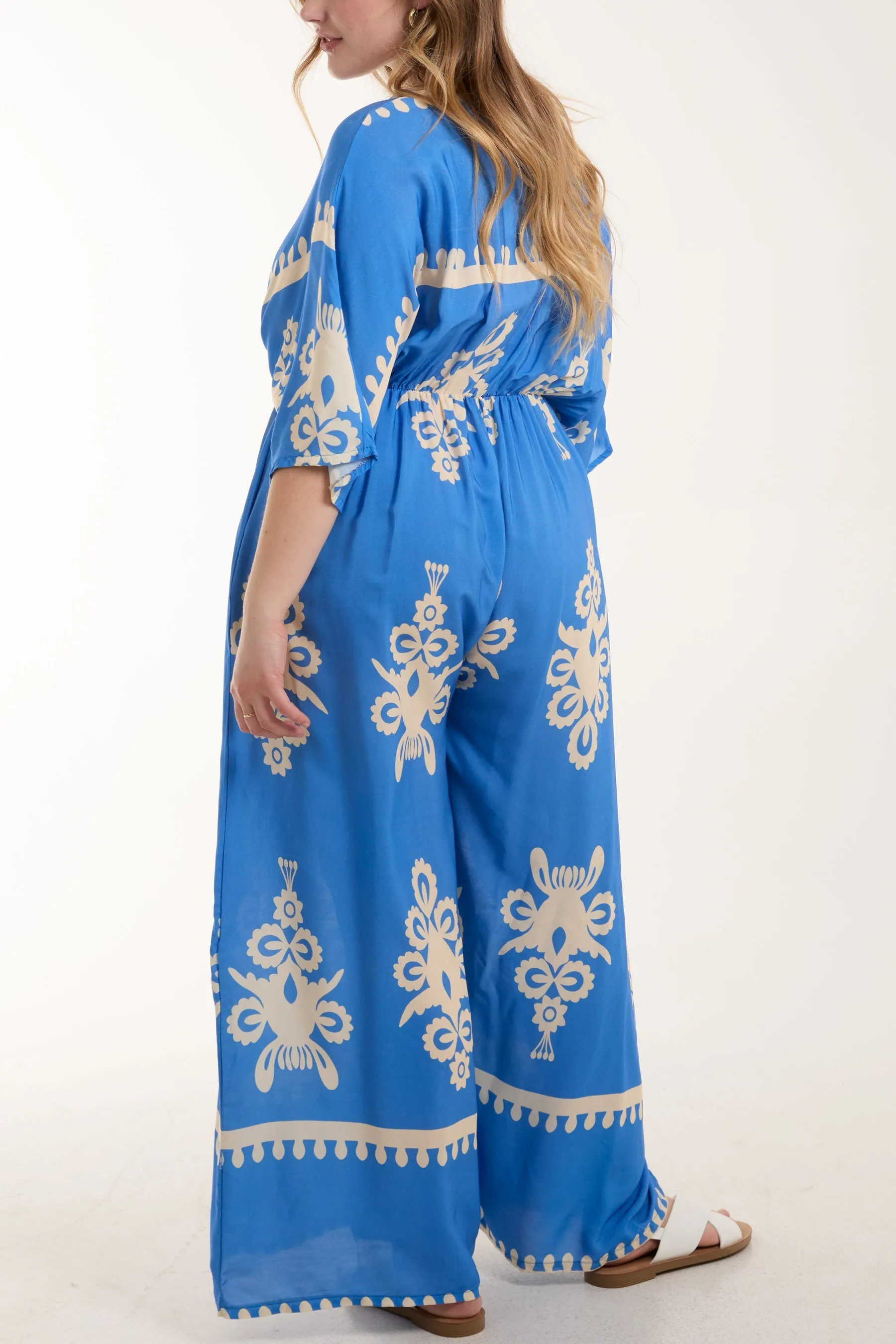 Printed V-Neck Wide Leg Jumpsuit