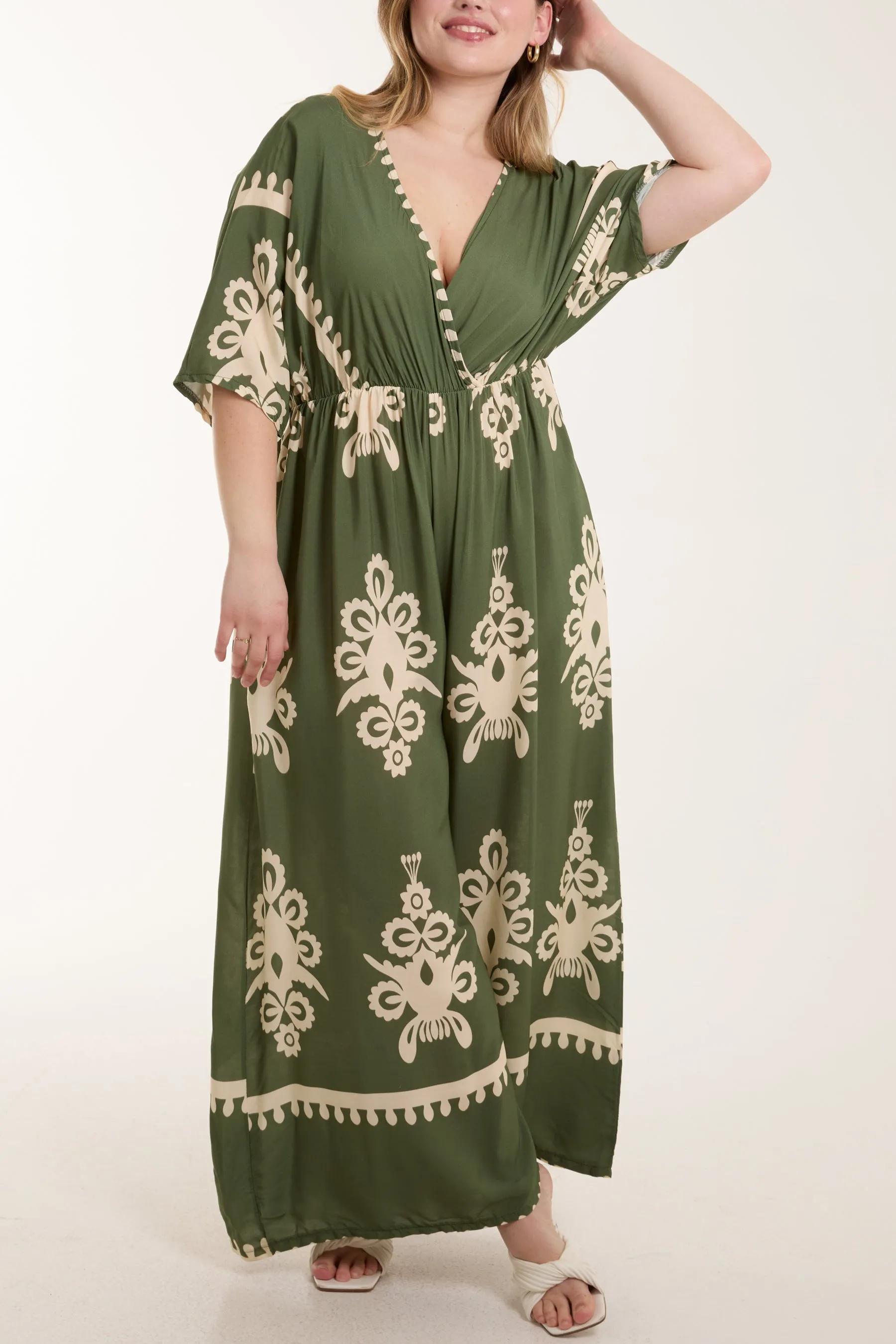 Printed V-Neck Wide Leg Jumpsuit