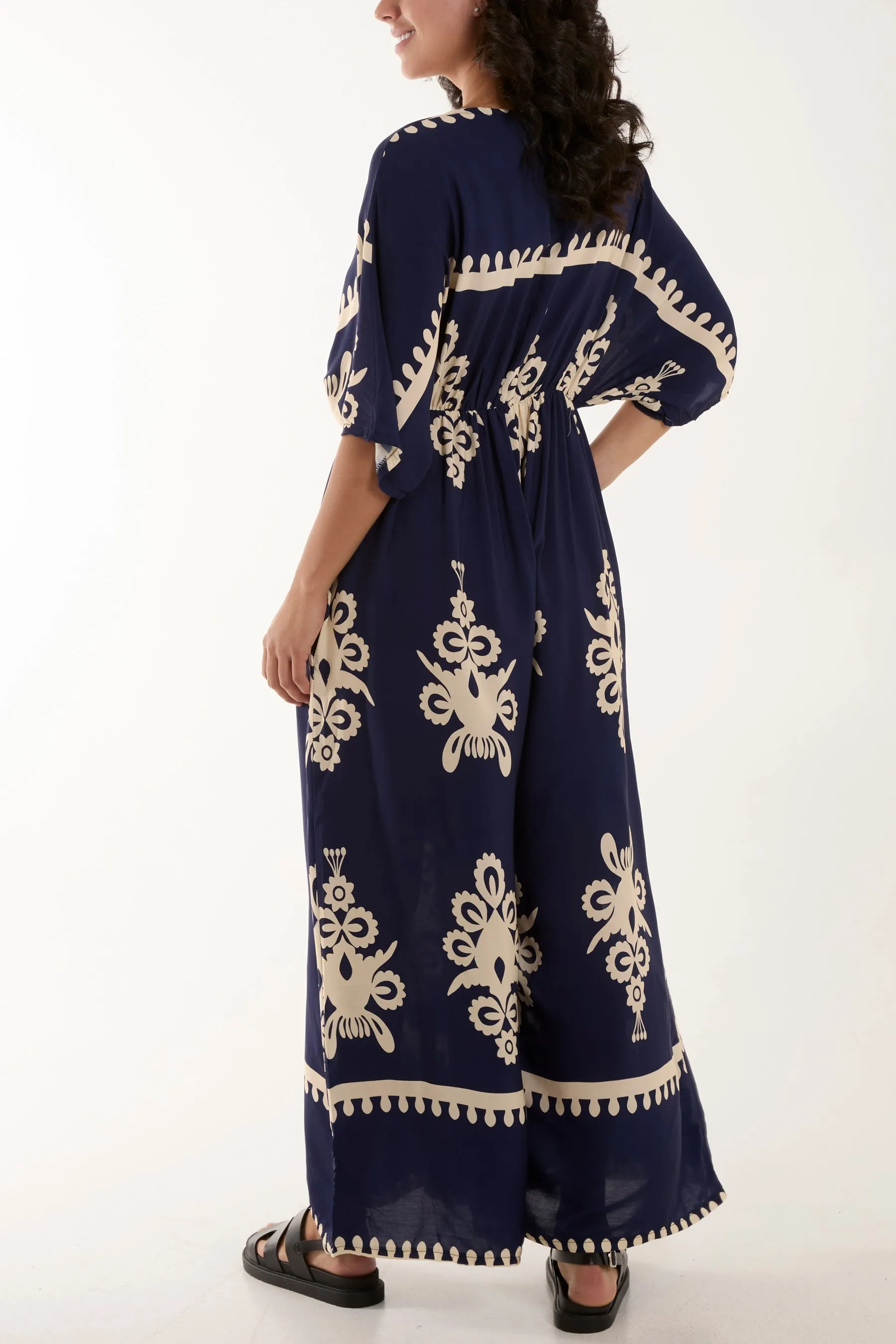 Printed V-Neck Wide Leg Jumpsuit
