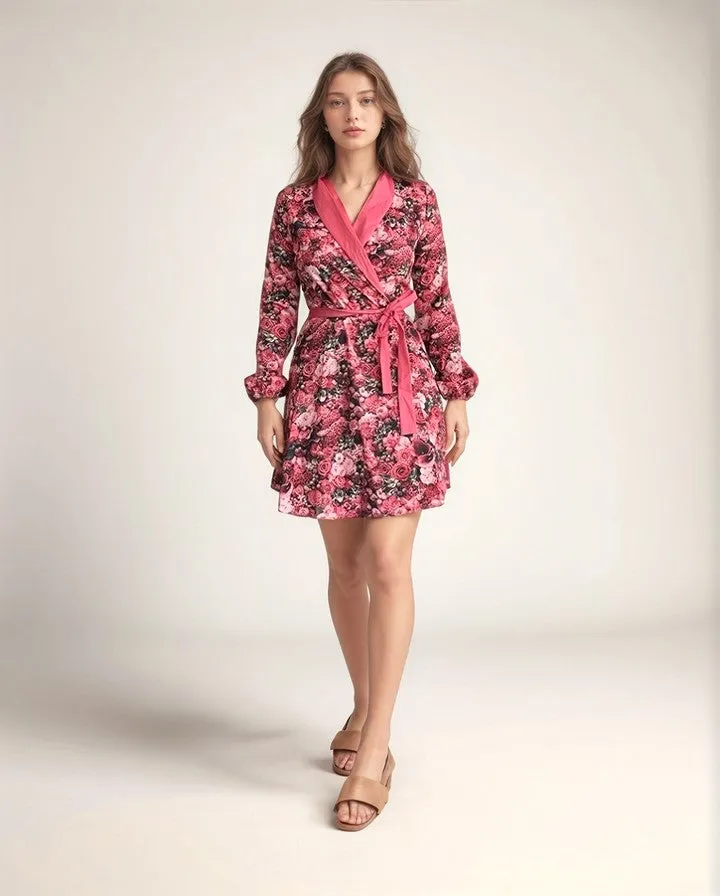 Printed Wrap Pink Dress With Shawl Collar