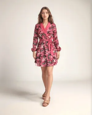 Printed Wrap Pink Dress With Shawl Collar