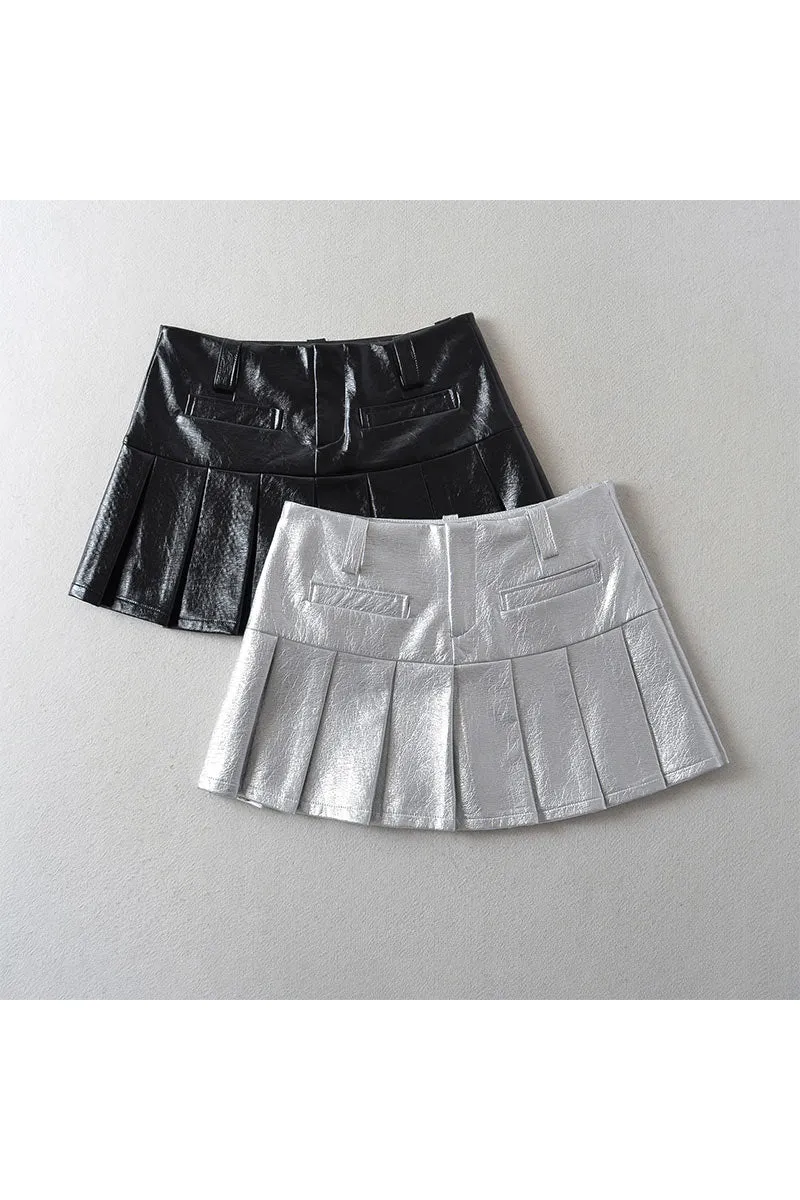 QK0556 Vegan Leather Pleated Skirt