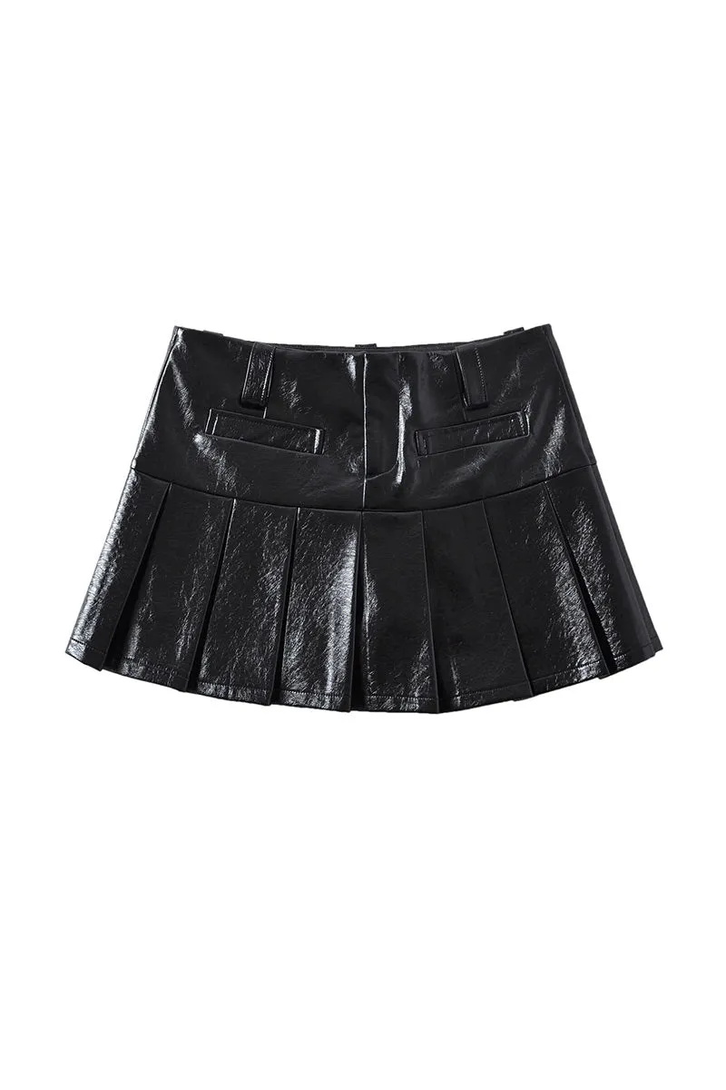 QK0556 Vegan Leather Pleated Skirt