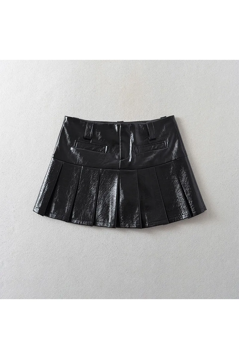 QK0556 Vegan Leather Pleated Skirt