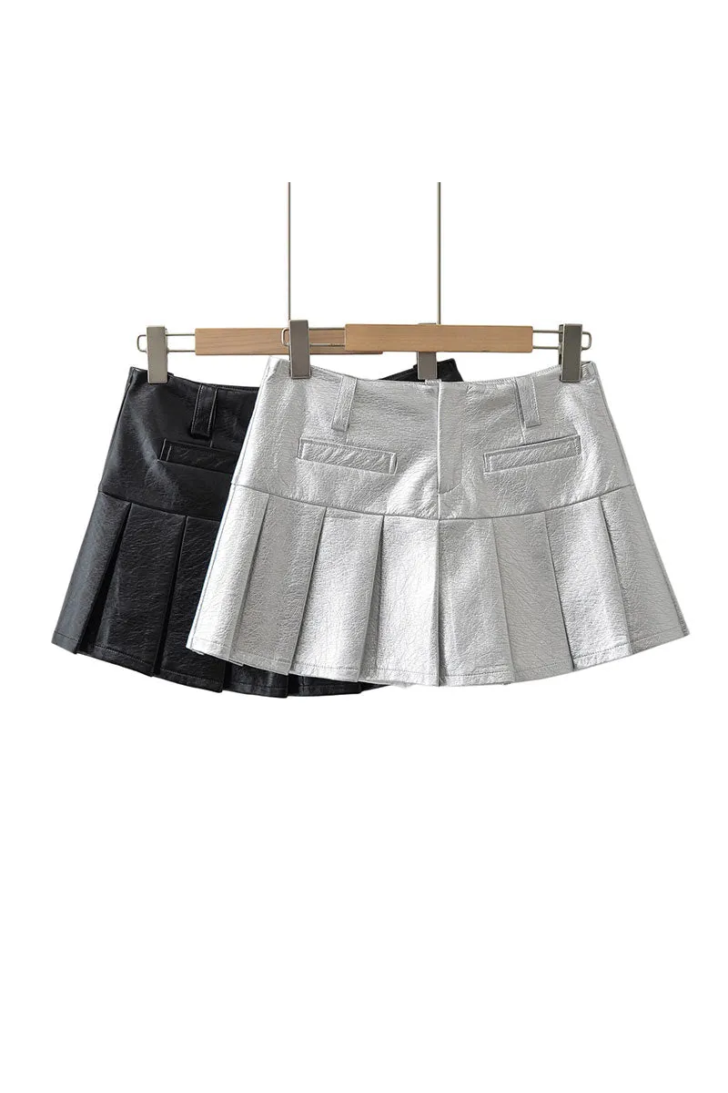 QK0556 Vegan Leather Pleated Skirt