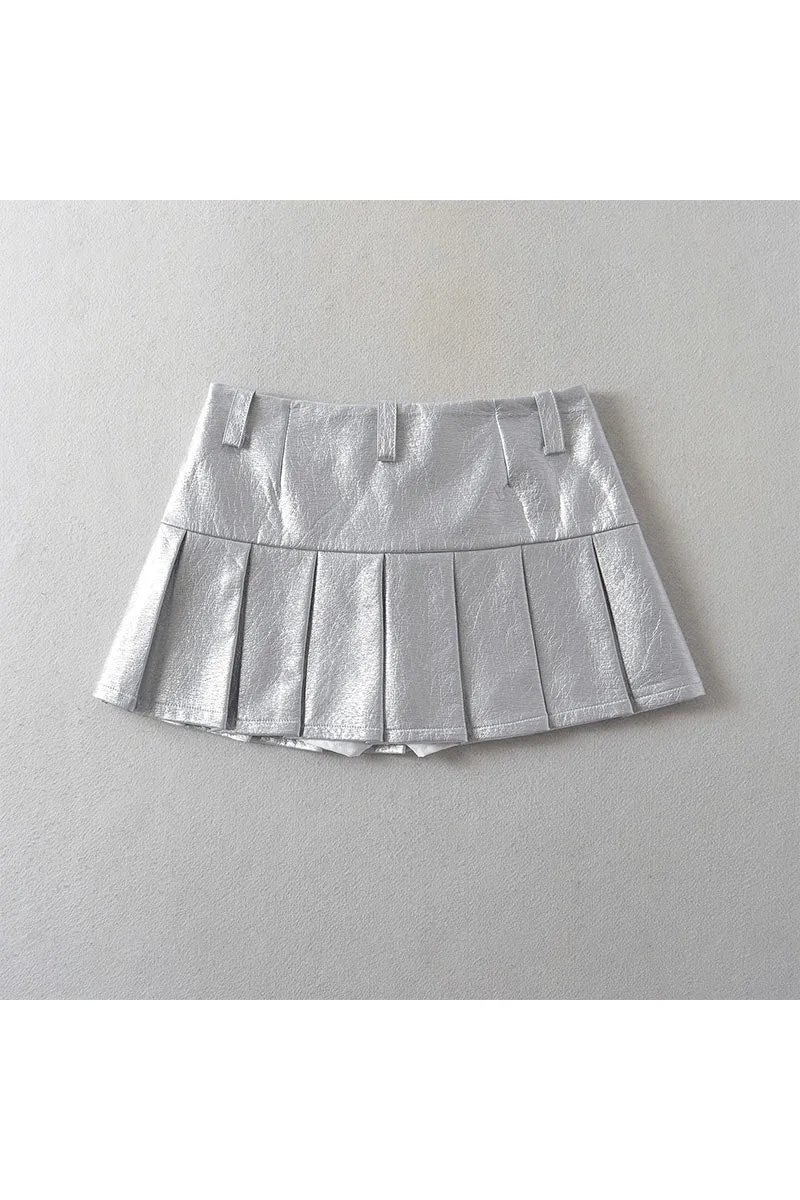 QK0556 Vegan Leather Pleated Skirt