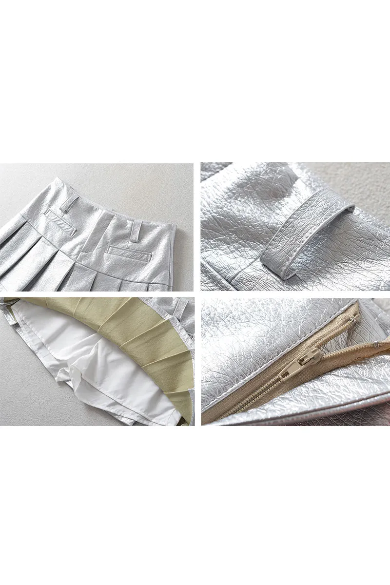 QK0556 Vegan Leather Pleated Skirt
