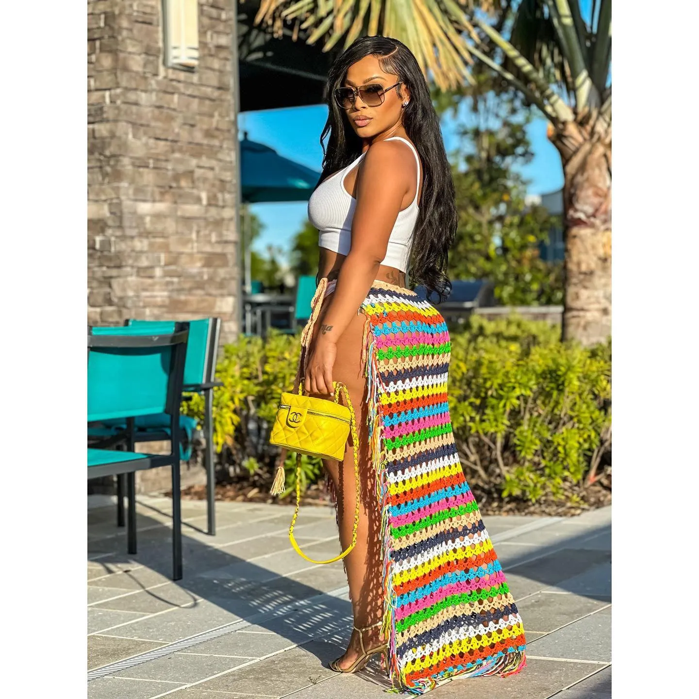 Rainbow Crochet Knitted Tassel Beach Cover Up Skirt