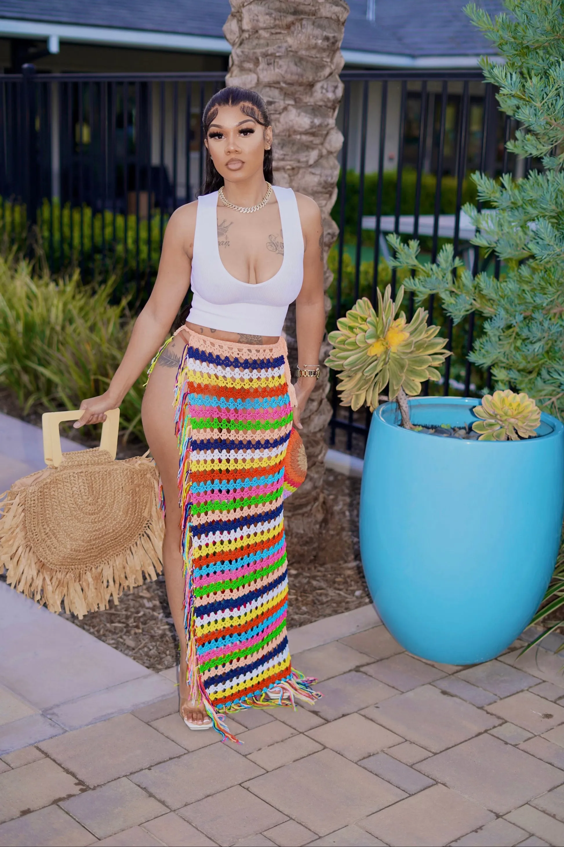 Rainbow Crochet Knitted Tassel Beach Cover Up Skirt