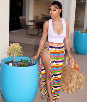Rainbow Crochet Knitted Tassel Beach Cover Up Skirt