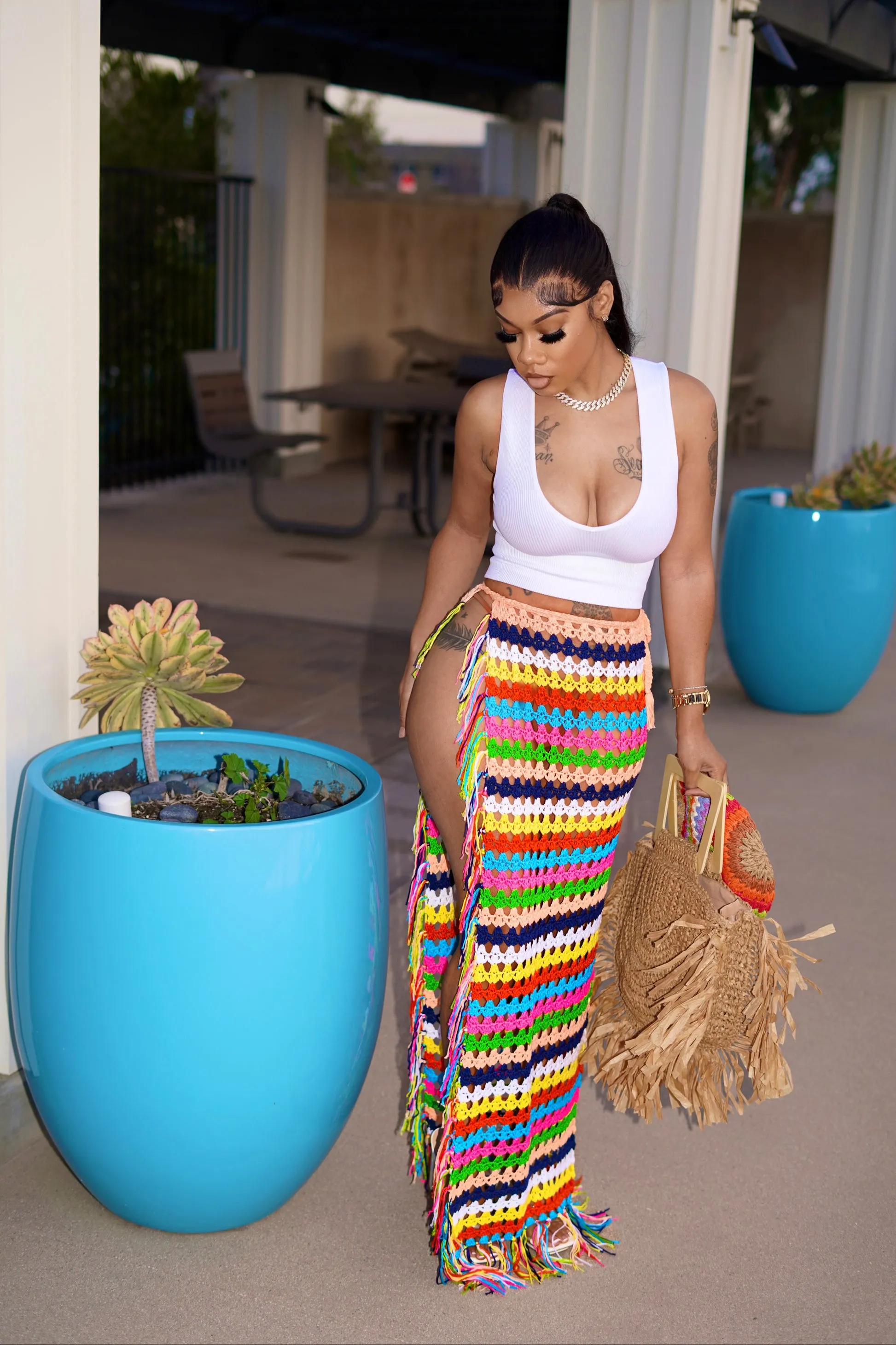 Rainbow Crochet Knitted Tassel Beach Cover Up Skirt