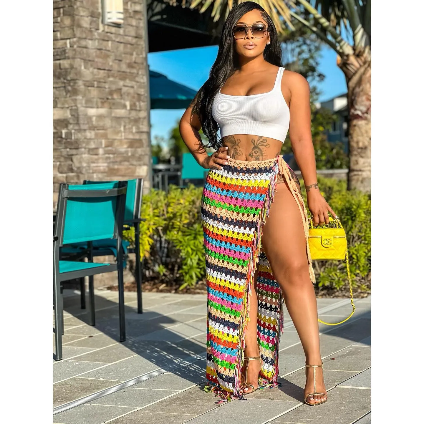 Rainbow Crochet Knitted Tassel Beach Cover Up Skirt