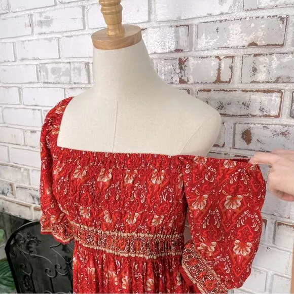 Red Bright Boho Floral Puff Shoulder Smocked Top Ruffle Hem Midi Dress L