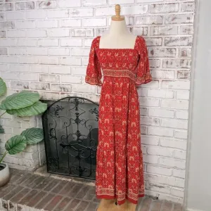 Red Bright Boho Floral Puff Shoulder Smocked Top Ruffle Hem Midi Dress L