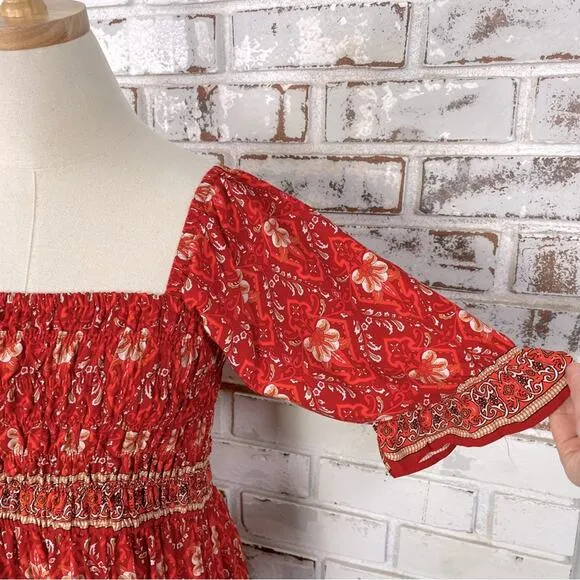 Red Bright Boho Floral Puff Shoulder Smocked Top Ruffle Hem Midi Dress L