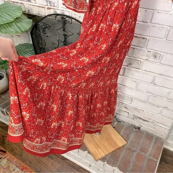 Red Bright Boho Floral Puff Shoulder Smocked Top Ruffle Hem Midi Dress L