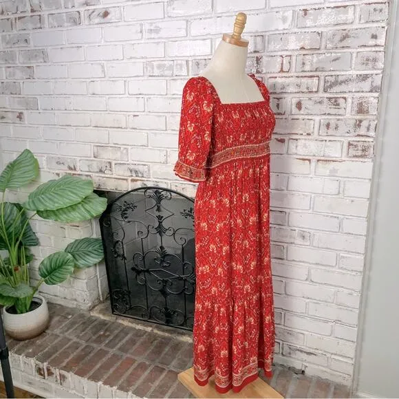 Red Bright Boho Floral Puff Shoulder Smocked Top Ruffle Hem Midi Dress L