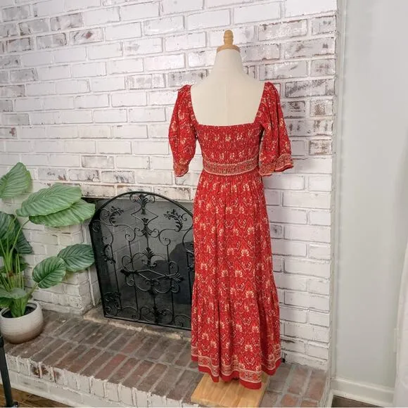 Red Bright Boho Floral Puff Shoulder Smocked Top Ruffle Hem Midi Dress L