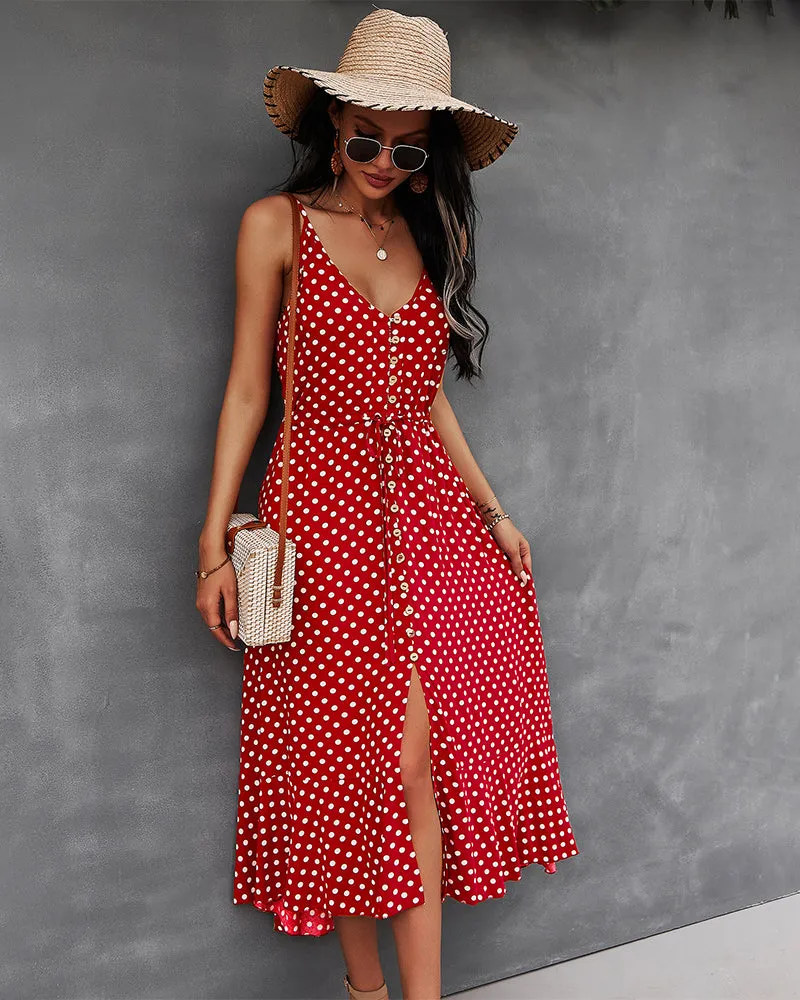 Red Front Buttoned Midi A-Line Dress
