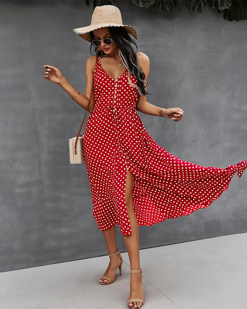 Red Front Buttoned Midi A-Line Dress
