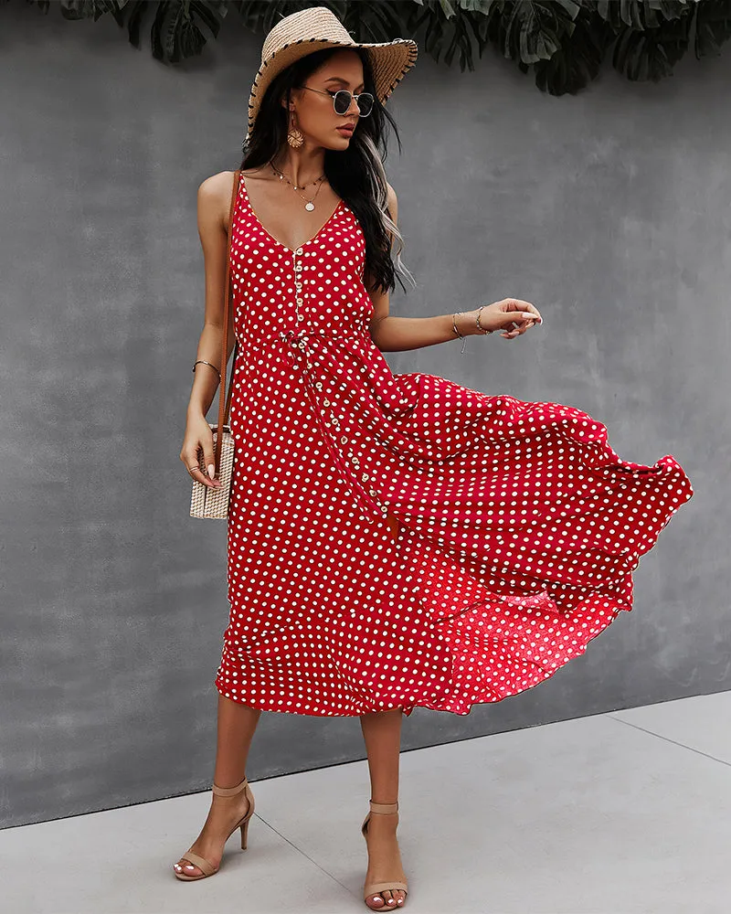 Red Front Buttoned Midi A-Line Dress