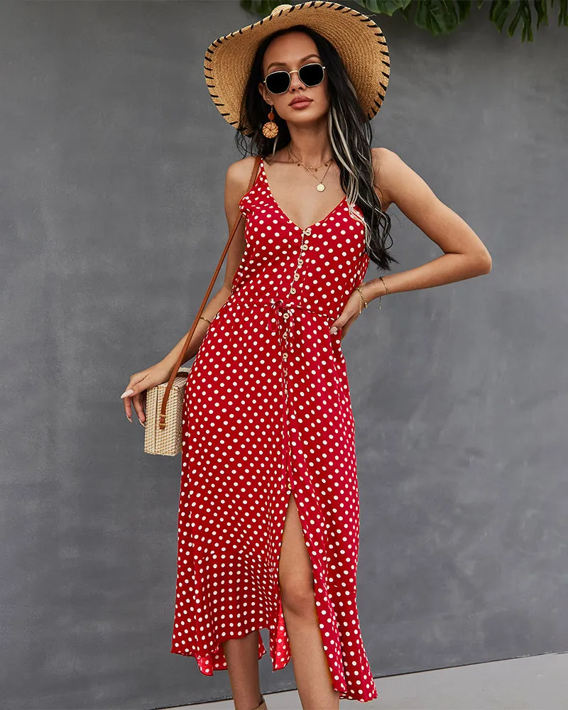 Red Front Buttoned Midi A-Line Dress