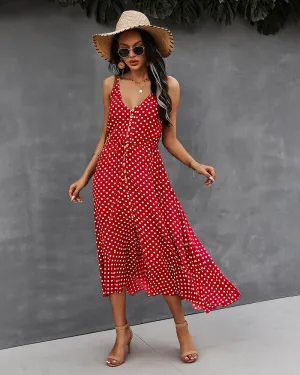 Red Front Buttoned Midi A-Line Dress