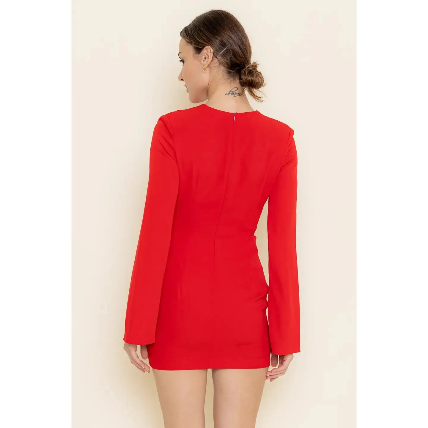 Red Pleated Detail Long Sleeve Mini Dress
