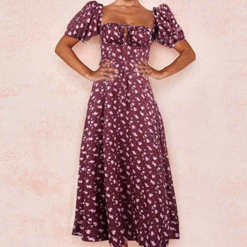 Red Square Neck Midi Dress With Front Slit
