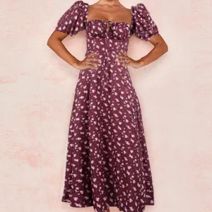 Red Square Neck Midi Dress With Front Slit