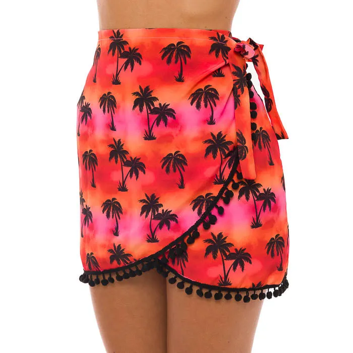 Red Tie Dye Coconut Trees Swim Cover Up Pareo Skirt