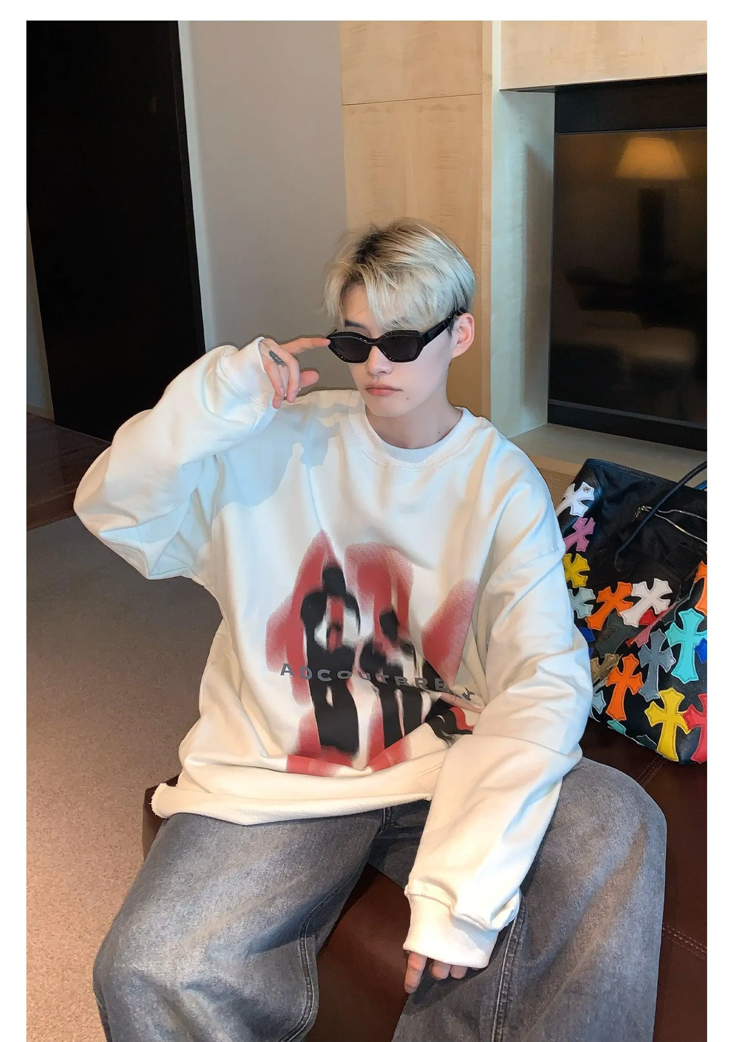 Round Neck Oversized Printed Sweatshirt Plus Velvet