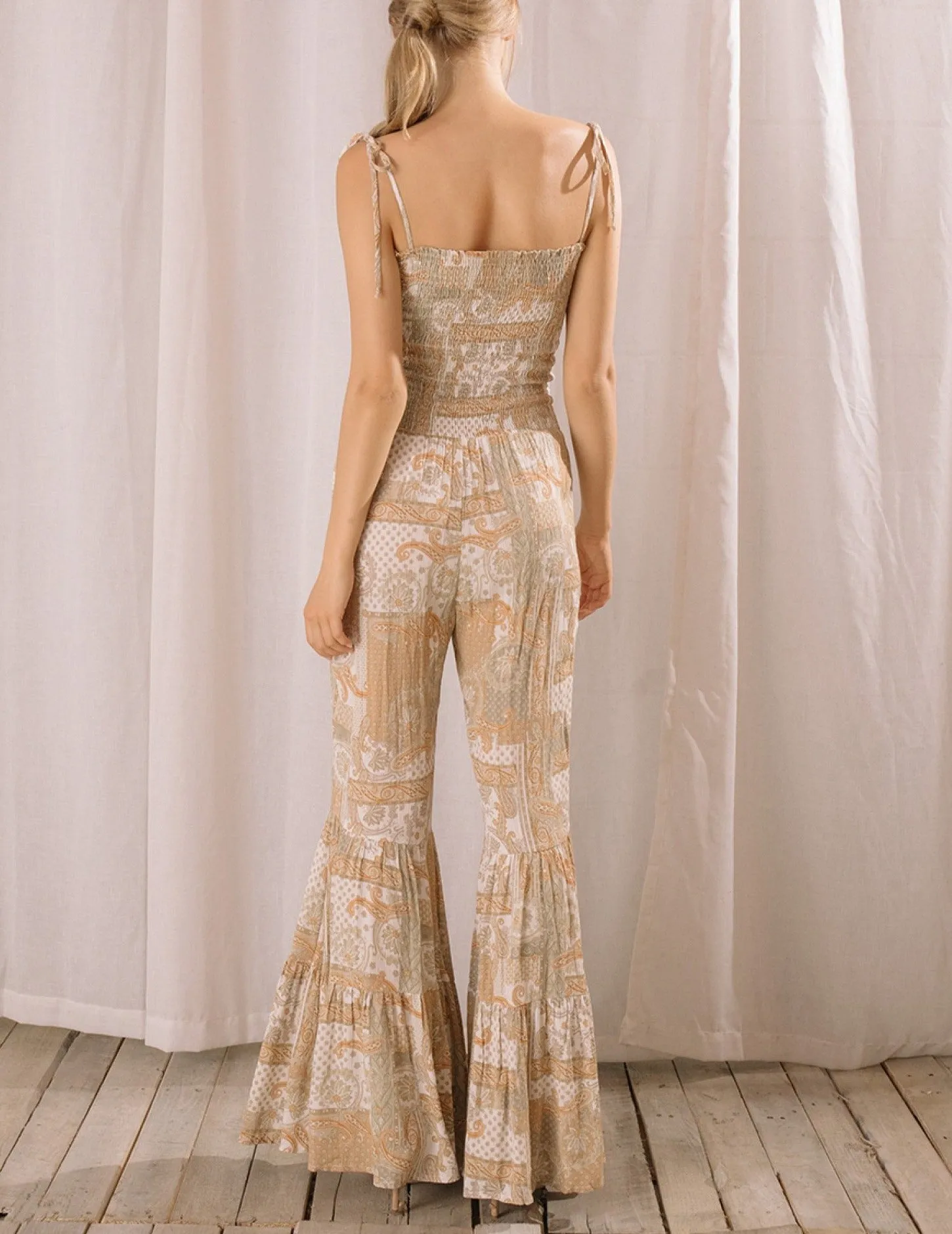 Ruched Tie Top Flare Leg Jumpsuit