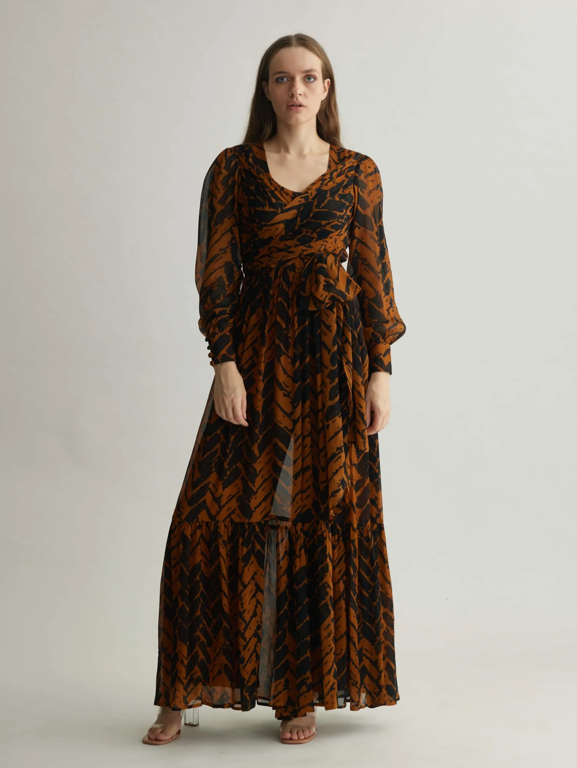 Rust and black chevron print wrap jumpsuit