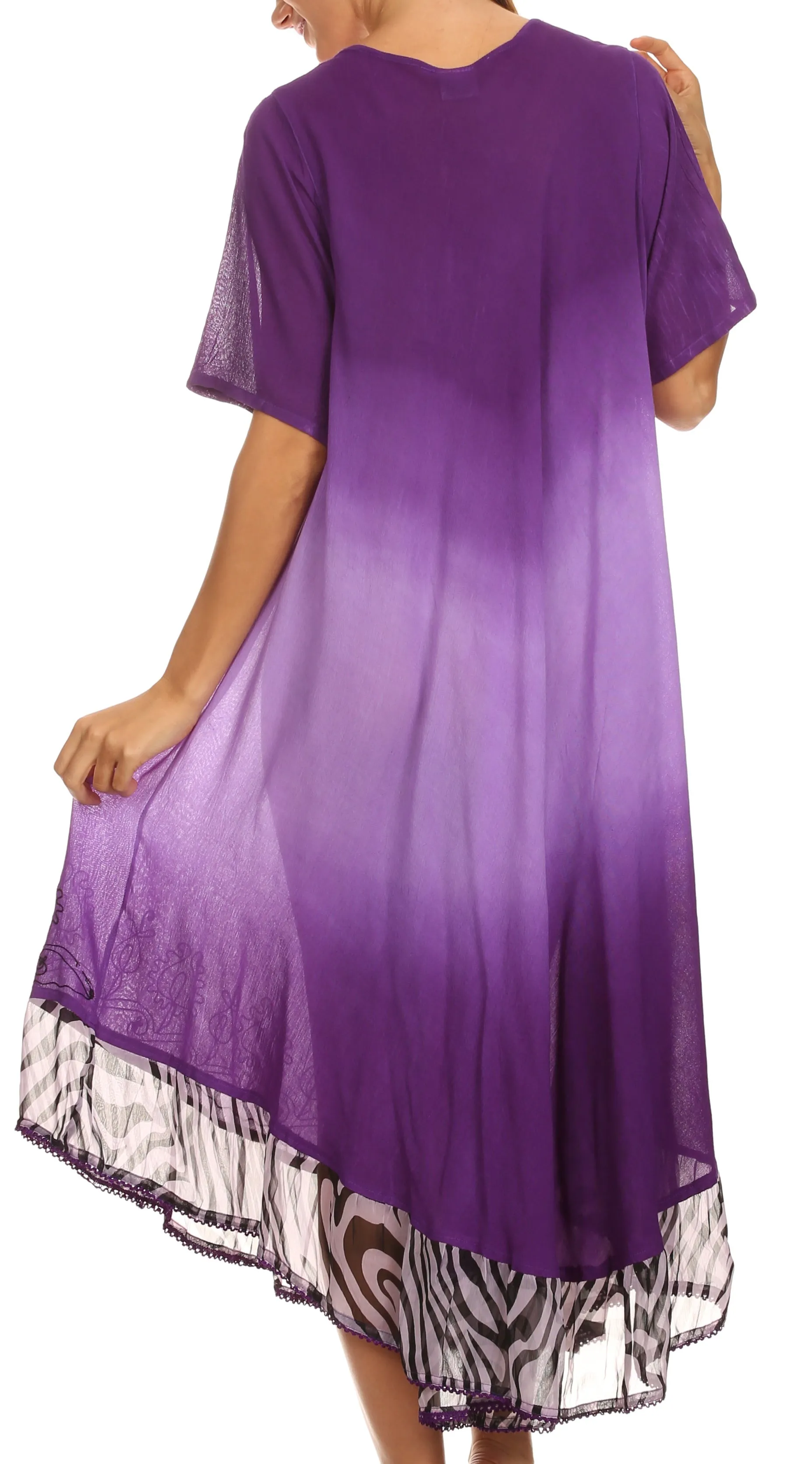 Sakkas Kya Zebra Print Embroidered Cap Sleeve Scoop Neck Ombre Dress / Cover Up