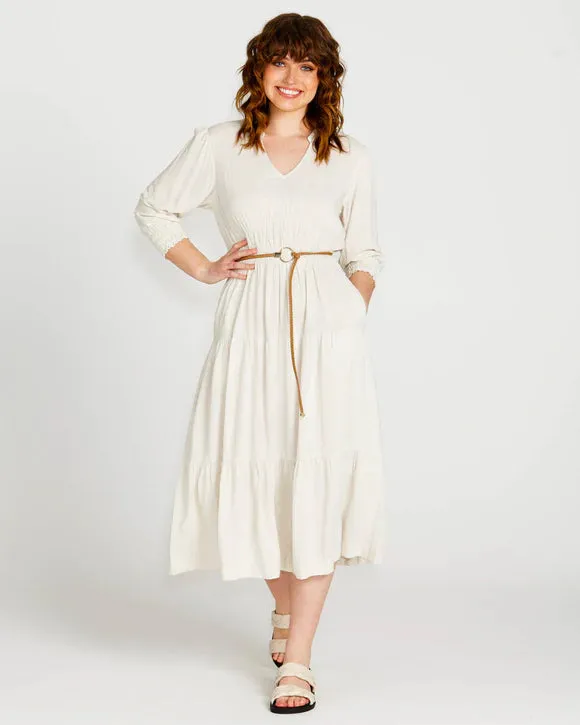 SASS PORTIA ELASTIC WAISTED FLOWY DRESS OATMEAL