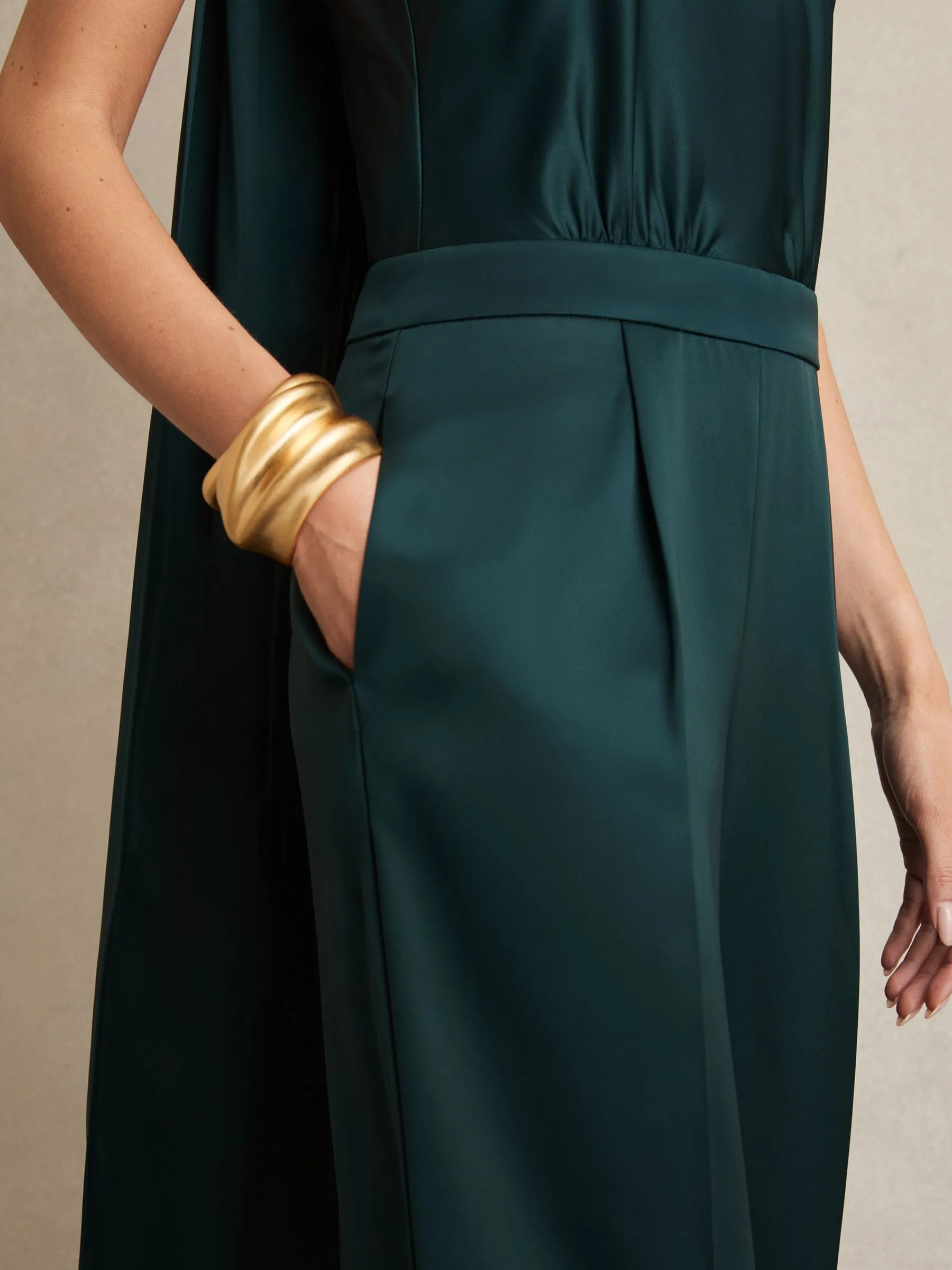 Satin Cape Sash Jumpsuit in Teal Green