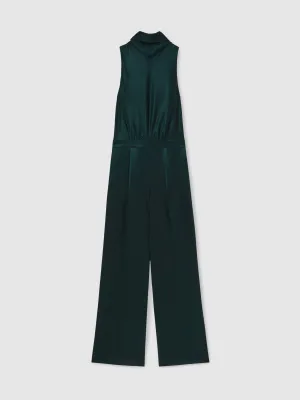 Satin Cape Sash Jumpsuit in Teal Green