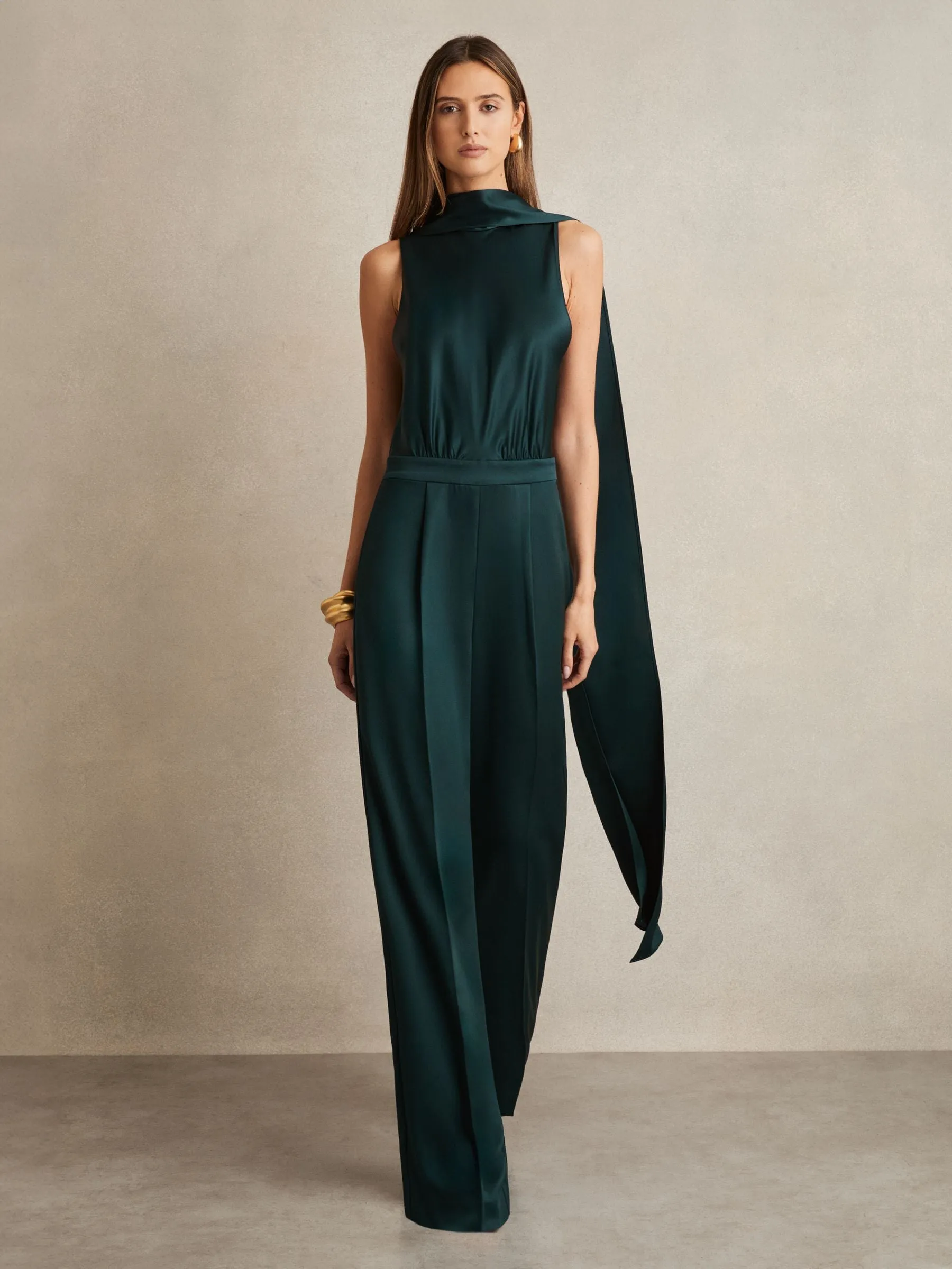 Satin Cape Sash Jumpsuit in Teal Green