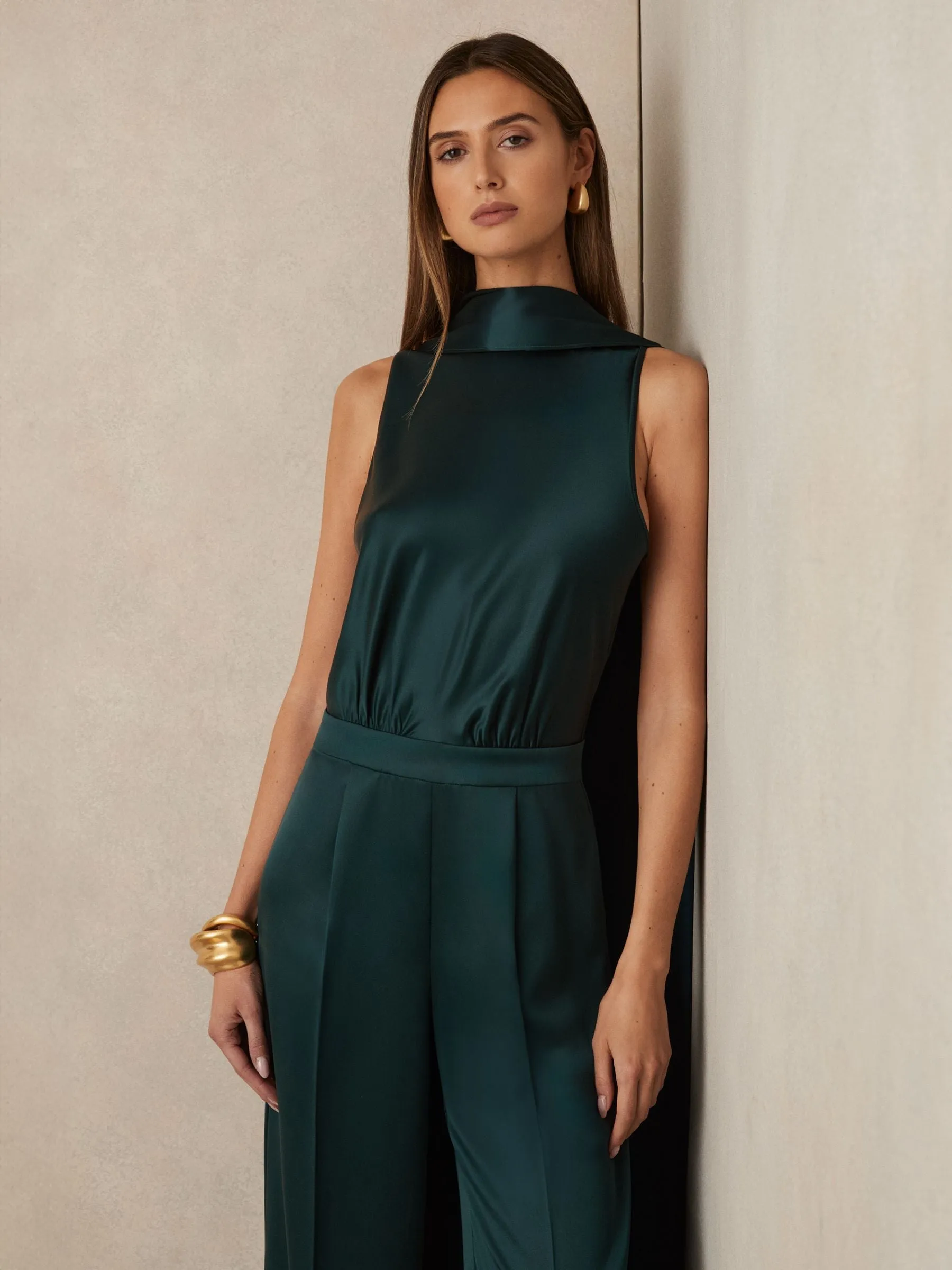 Satin Cape Sash Jumpsuit in Teal Green