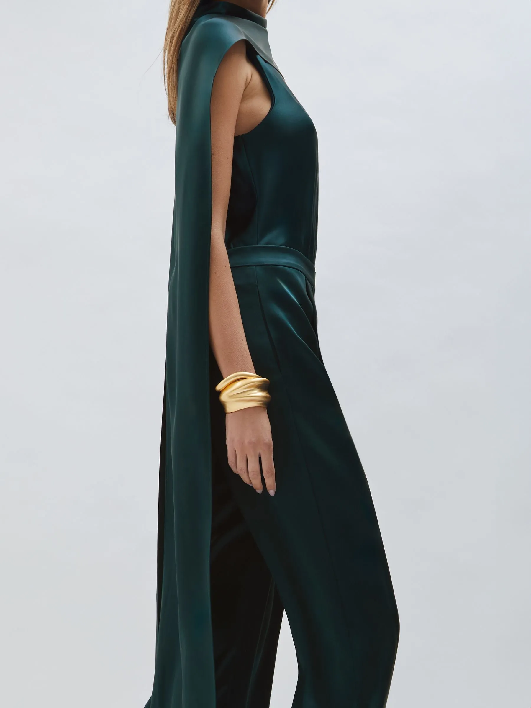 Satin Cape Sash Jumpsuit in Teal Green
