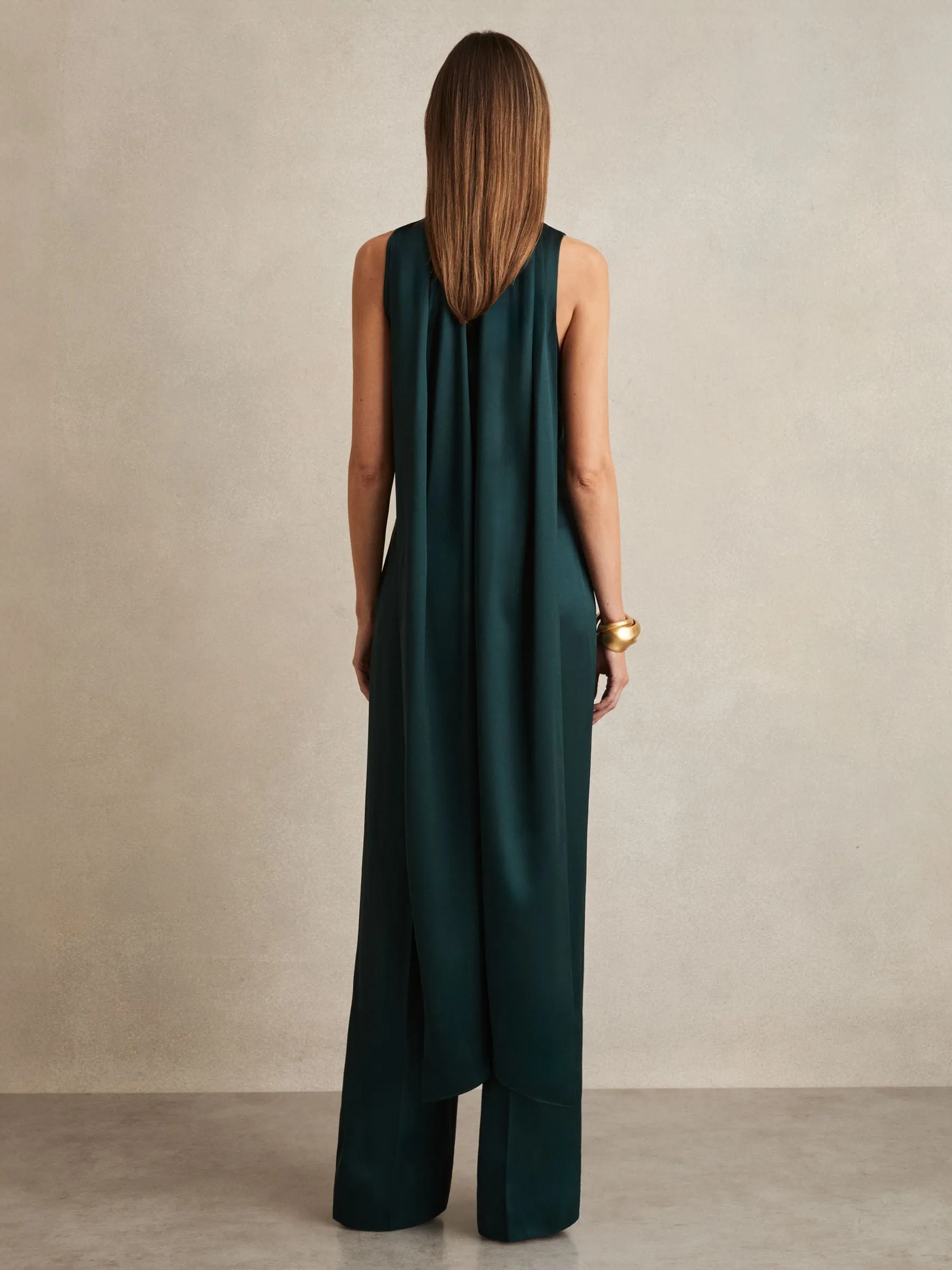 Satin Cape Sash Jumpsuit in Teal Green