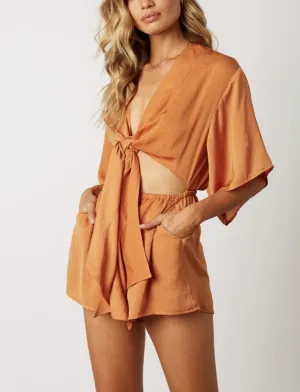 Satin Front Cut Out Self Tie Kimono Sleeve Elastic Waist Romper