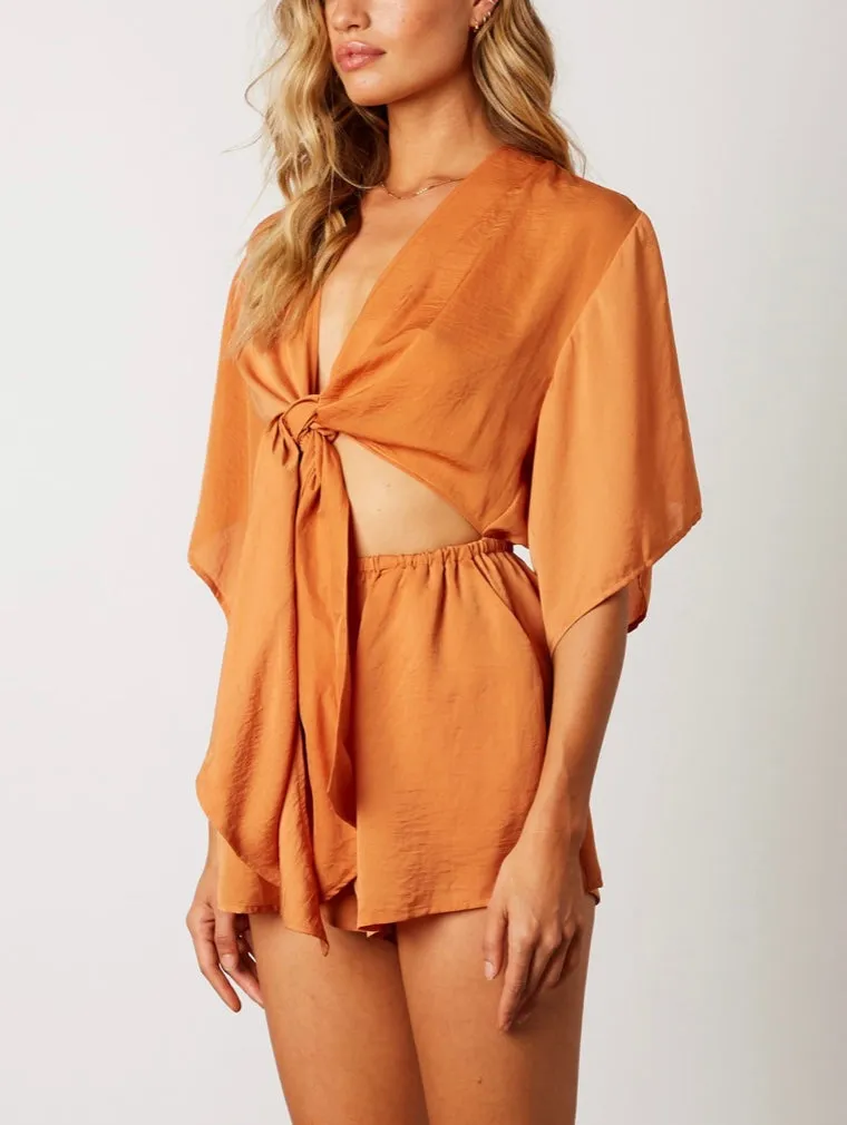 Satin Front Cut Out Self Tie Kimono Sleeve Elastic Waist Romper