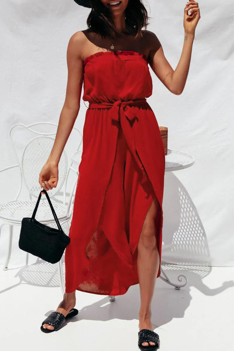 Sexy Casual Solid Frenulum Strapless Loose Jumpsuits(3 Colors)